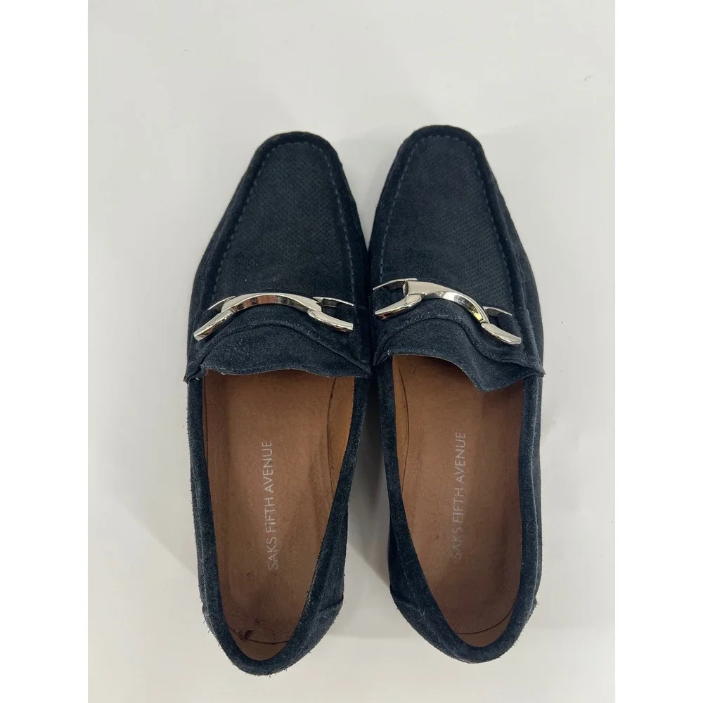 Saks Fifth Avenue Donato Mens 7.5 Navy Blue Suede Bit Loafers Perforated Shoes